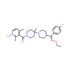 CCO/N=C(\c1ccc(Cl)cc1)C1CCN(C2(C)CCN(C(=O)c3c(C)cc[n+]([O-])c3C)CC2)CC1 ZINC000013474996