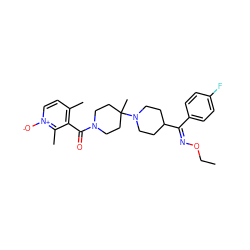 CCO/N=C(\c1ccc(F)cc1)C1CCN(C2(C)CCN(C(=O)c3c(C)cc[n+]([O-])c3C)CC2)CC1 ZINC000013474997