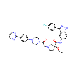 CCO[C@@]1(C(=O)Nc2ccc3[nH]nc(-c4ccc(F)cc4)c3c2)CCN(CC(=O)N2CCN(c3ccc(-c4ncccn4)cc3)CC2)C1 ZINC000200324019