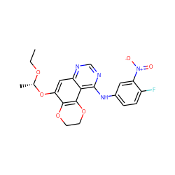 CCO[C@@H](C)Oc1cc2ncnc(Nc3ccc(F)c([N+](=O)[O-])c3)c2c2c1OCCO2 ZINC000653916381