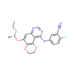 CCO[C@@H](C)Oc1cc2ncnc(Nc3ccc(F)c(C#N)c3)c2c2c1OCCO2 ZINC000653905761