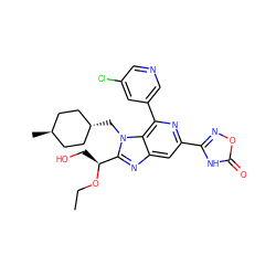 CCO[C@@H](CO)c1nc2cc(-c3noc(=O)[nH]3)nc(-c3cncc(Cl)c3)c2n1C[C@H]1CC[C@H](C)CC1 ZINC000261164908