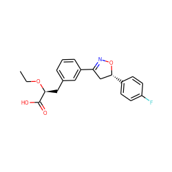 CCO[C@@H](Cc1cccc(C2=NO[C@H](c3ccc(F)cc3)C2)c1)C(=O)O ZINC000040937588