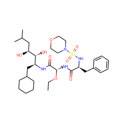 CCO[C@@H](NC(=O)[C@H](Cc1ccccc1)NS(=O)(=O)N1CCOCC1)C(=O)N[C@@H](CC1CCCCC1)[C@@H](O)[C@@H](O)CC(C)C ZINC000003935277