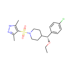 CCO[C@@H](c1ccc(Cl)cc1)C1CCN(S(=O)(=O)c2c(C)n[nH]c2C)CC1 ZINC000207097994