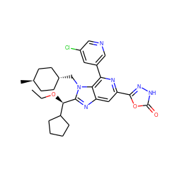 CCO[C@@H](c1nc2cc(-c3n[nH]c(=O)o3)nc(-c3cncc(Cl)c3)c2n1C[C@H]1CC[C@H](C)CC1)C1CCCC1 ZINC000261103658