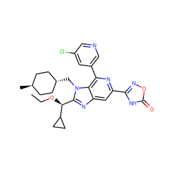 CCO[C@@H](c1nc2cc(-c3noc(=O)[nH]3)nc(-c3cncc(Cl)c3)c2n1C[C@H]1CC[C@H](C)CC1)C1CC1 ZINC000261161609