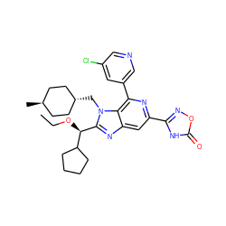 CCO[C@@H](c1nc2cc(-c3noc(=O)[nH]3)nc(-c3cncc(Cl)c3)c2n1C[C@H]1CC[C@H](C)CC1)C1CCCC1 ZINC000261087827
