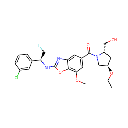 CCO[C@@H]1C[C@@H](CO)N(C(=O)c2cc(OC)c3oc(N[C@H](CF)c4cccc(Cl)c4)nc3c2)C1 ZINC001772610947