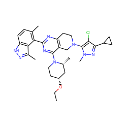 CCO[C@@H]1CCN(c2nc(-c3c(C)ccc4[nH]nc(C)c34)nc3c2CN(c2c(Cl)c(C4CC4)nn2C)CC3)[C@H](C)C1 ZINC000149150833