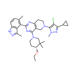 CCO[C@@H]1CCN(c2nc(-c3c(C)ccc4[nH]nc(C)c34)nc3c2CN(c2c(Cl)c(C4CC4)nn2C)CC3)CC1(C)C ZINC000149132384