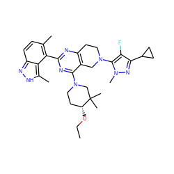 CCO[C@@H]1CCN(c2nc(-c3c(C)ccc4n[nH]c(C)c34)nc3c2CN(c2c(F)c(C4CC4)nn2C)CC3)CC1(C)C ZINC000222952312