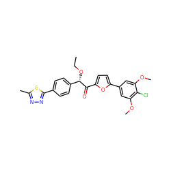 CCO[C@H](C(=O)c1ccc(-c2cc(OC)c(Cl)c(OC)c2)o1)c1ccc(-c2nnc(C)s2)cc1 ZINC000118788352