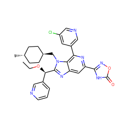 CCO[C@H](c1cccnc1)c1nc2cc(-c3noc(=O)[nH]3)nc(-c3cncc(Cl)c3)c2n1C[C@H]1CC[C@H](C)CC1 ZINC000261178806