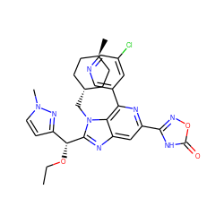 CCO[C@H](c1ccn(C)n1)c1nc2cc(-c3noc(=O)[nH]3)nc(-c3cncc(Cl)c3)c2n1C[C@H]1CC[C@H](C)CC1 ZINC000261111491