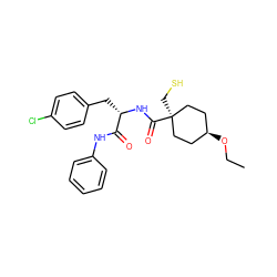 CCO[C@H]1CC[C@@](CS)(C(=O)N[C@@H](Cc2ccc(Cl)cc2)C(=O)Nc2ccccc2)CC1 ZINC000100814401