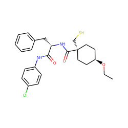 CCO[C@H]1CC[C@@](CS)(C(=O)N[C@@H](Cc2ccccc2)C(=O)Nc2ccc(Cl)cc2)CC1 ZINC000100812587