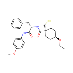 CCO[C@H]1CC[C@@](CS)(C(=O)N[C@@H](Cc2ccccc2)C(=O)Nc2ccc(OC)cc2)CC1 ZINC000100821466