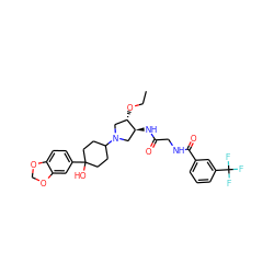 CCO[C@H]1CN(C2CCC(O)(c3ccc4c(c3)OCO4)CC2)C[C@@H]1NC(=O)CNC(=O)c1cccc(C(F)(F)F)c1 ZINC000064559635