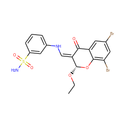 CCO[C@H]1Oc2c(Br)cc(Br)cc2C(=O)/C1=C\Nc1cccc(S(N)(=O)=O)c1 ZINC000072111410