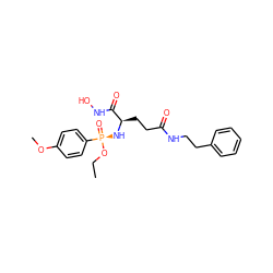 CCO[P@](=O)(N[C@H](CCC(=O)NCCc1ccccc1)C(=O)NO)c1ccc(OC)cc1 ZINC000013490336