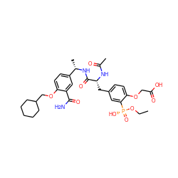 CCO[P@](=O)(O)c1cc(C[C@@H](NC(C)=O)C(=O)N[C@@H](C)c2ccc(OCC3CCCCC3)c(C(N)=O)c2)ccc1OCC(=O)O ZINC000026390034