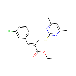 CCOC(=O)/C(=C/c1cccc(Cl)c1)CSc1nc(C)cc(C)n1 ZINC000169308083