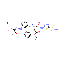 CCOC(=O)/C(=N/Nc1cccc(-n2nc(C(=O)Nc3nnc(S(N)(=O)=O)s3)c(C(=O)OCC)c2-c2ccccc2)c1)C(C)=O ZINC000072136402