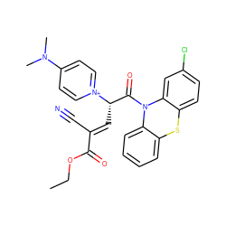 CCOC(=O)/C(C#N)=C/[C@@H](C(=O)N1c2ccccc2Sc2ccc(Cl)cc21)[n+]1ccc(N(C)C)cc1 ZINC000095594411