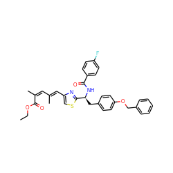 CCOC(=O)/C(C)=C\C(C)=C\c1csc([C@H](Cc2ccc(OCc3ccccc3)cc2)NC(=O)c2ccc(F)cc2)n1 ZINC000140564974