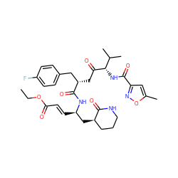 CCOC(=O)/C=C/[C@H](C[C@@H]1CCCNC1=O)NC(=O)[C@@H](CC(=O)[C@@H](NC(=O)c1cc(C)on1)C(C)C)Cc1ccc(F)cc1 ZINC000028232111