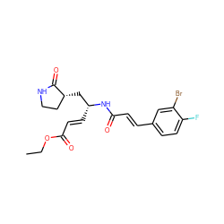 CCOC(=O)/C=C/[C@H](C[C@@H]1CCNC1=O)NC(=O)/C=C/c1ccc(F)c(Br)c1 ZINC000013473323