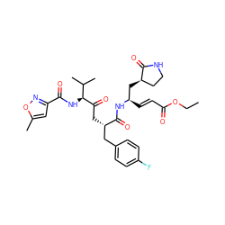 CCOC(=O)/C=C/[C@H](C[C@@H]1CCNC1=O)NC(=O)[C@@H](CC(=O)[C@@H](NC(=O)c1cc(C)on1)C(C)C)Cc1ccc(F)cc1 ZINC000003919807