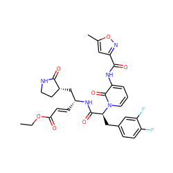 CCOC(=O)/C=C/[C@H](C[C@@H]1CCNC1=O)NC(=O)[C@H](Cc1ccc(F)c(F)c1)n1cccc(NC(=O)c2cc(C)on2)c1=O ZINC000029395195