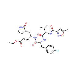 CCOC(=O)/C=C/[C@H](C[C@@H]1CCNC1=O)NC(=O)[C@H](Cc1ccc(F)cc1)NC(=O)[C@@H](NC(=O)c1cc(C)on1)C(C)C ZINC000014947852