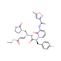 CCOC(=O)/C=C/[C@H](C[C@@H]1CCNC1=O)NC(=O)[C@H](Cc1ccc(F)cc1)n1cccc(NC(=O)c2cc(C)on2)c1=O ZINC000029395944