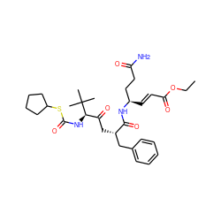 CCOC(=O)/C=C/[C@H](CCC(N)=O)NC(=O)[C@@H](CC(=O)[C@@H](NC(=O)SC1CCCC1)C(C)(C)C)Cc1ccccc1 ZINC000028224661