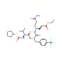 CCOC(=O)/C=C/[C@H](CCC(N)=O)NC(=O)[C@@H](CC(=O)[C@@H](NC(=O)SC1CCCC1)C(C)C)Cc1ccc(C(F)(F)F)cc1 ZINC000028225842