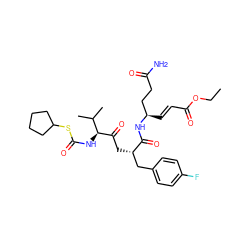 CCOC(=O)/C=C/[C@H](CCC(N)=O)NC(=O)[C@@H](CC(=O)[C@@H](NC(=O)SC1CCCC1)C(C)C)Cc1ccc(F)cc1 ZINC000004423119