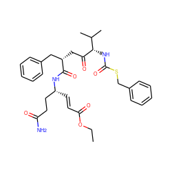 CCOC(=O)/C=C/[C@H](CCC(N)=O)NC(=O)[C@@H](CC(=O)[C@@H](NC(=O)SCc1ccccc1)C(C)C)Cc1ccccc1 ZINC000028228449