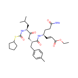 CCOC(=O)/C=C/[C@H](CCC(N)=O)NC(=O)[C@@H](CC(=O)[C@H](CC(C)C)NC(=O)SC1CCCC1)Cc1ccc(C)cc1 ZINC000028225481