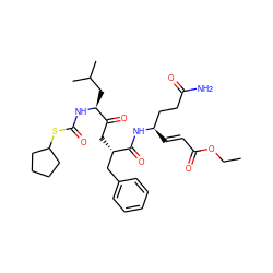 CCOC(=O)/C=C/[C@H](CCC(N)=O)NC(=O)[C@@H](CC(=O)[C@H](CC(C)C)NC(=O)SC1CCCC1)Cc1ccccc1 ZINC000028228362