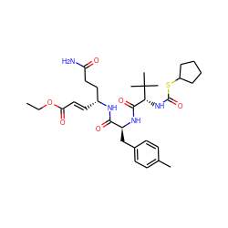 CCOC(=O)/C=C/[C@H](CCC(N)=O)NC(=O)[C@H](Cc1ccc(C)cc1)NC(=O)[C@@H](NC(=O)SC1CCCC1)C(C)(C)C ZINC000026716807