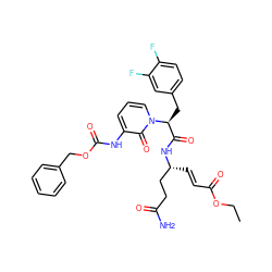 CCOC(=O)/C=C/[C@H](CCC(N)=O)NC(=O)[C@H](Cc1ccc(F)c(F)c1)n1cccc(NC(=O)OCc2ccccc2)c1=O ZINC000029393430