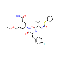 CCOC(=O)/C=C/[C@H](CCC(N)=O)NC(=O)[C@H](Cc1ccc(F)cc1)NC(=O)[C@@H](NC(=O)SC1CCCC1)C(C)C ZINC000028224579