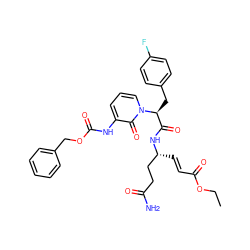 CCOC(=O)/C=C/[C@H](CCC(N)=O)NC(=O)[C@H](Cc1ccc(F)cc1)n1cccc(NC(=O)OCc2ccccc2)c1=O ZINC000029390600