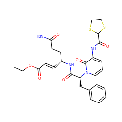 CCOC(=O)/C=C/[C@H](CCC(N)=O)NC(=O)[C@H](Cc1ccccc1)n1cccc(NC(=O)C2SCCS2)c1=O ZINC000029395466