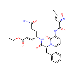 CCOC(=O)/C=C/[C@H](CCC(N)=O)NC(=O)[C@H](Cc1ccccc1)n1cccc(NC(=O)c2cc(C)on2)c1=O ZINC000029389910