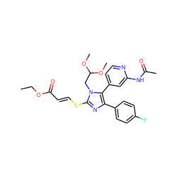 CCOC(=O)/C=C/Sc1nc(-c2ccc(F)cc2)c(-c2ccnc(NC(C)=O)c2)n1CC(OC)OC ZINC000299857140