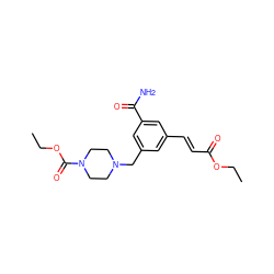 CCOC(=O)/C=C/c1cc(CN2CCN(C(=O)OCC)CC2)cc(C(N)=O)c1 ZINC000029402393